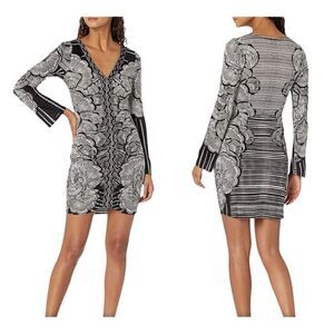 NEW Hale Bob Ruched Dress Silk Pullover Long Sleeves Black White Stretch Women M